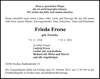 Traueranzeige von Frieda Freese von Ostfriesischer Kurier GmbH