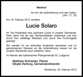 Traueranzeige von Lucie Solaro von Ostfriesischer Kurier GmbH