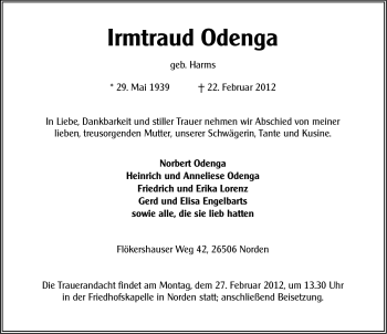 Traueranzeige von Irmtraud Odenga von Ostfriesischer Kurier / Norderneyer Badezeitung