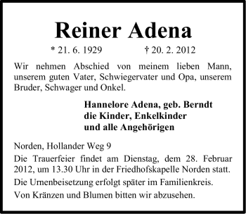 Traueranzeige von Reiner Adena von Ostfriesischer Kurier GmbH