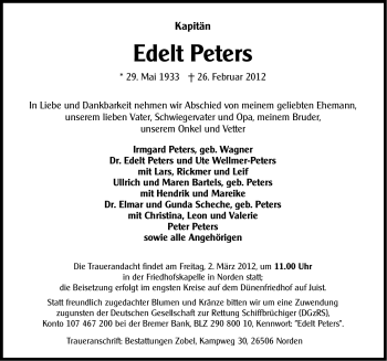 Traueranzeige von Edelt Peters von Ostfriesischer Kurier GmbH
