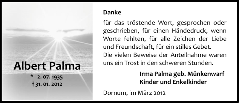  Traueranzeige für Albert (Ali) Palma vom 03.03.2012 aus Ostfriesischer Kurier GmbH