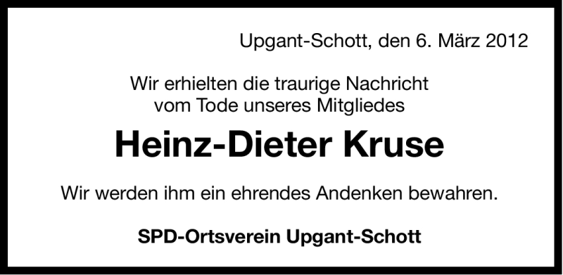  Traueranzeige für Heinz-Dieter Kruse vom 06.03.2012 aus Ostfriesischer Kurier GmbH