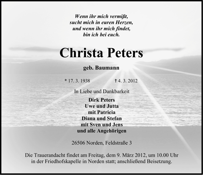  Traueranzeige für Christa Peters vom 06.03.2012 aus Ostfriesischer Kurier GmbH