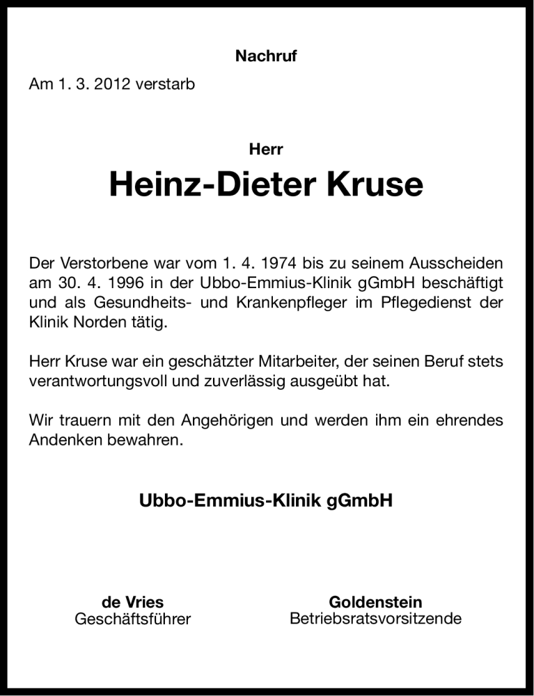  Traueranzeige für Heinz-Dieter Kruse vom 09.03.2012 aus Ostfriesischer Kurier GmbH