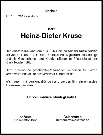 Traueranzeige von Heinz-Dieter Kruse von Ostfriesischer Kurier GmbH
