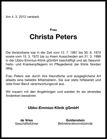 Traueranzeige von Christa Peters von Ostfriesischer Kurier GmbH