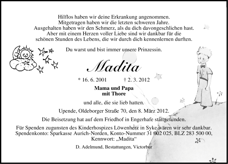  Traueranzeige für Madita (keine Angabe) vom 09.03.2012 aus Ostfriesischer Kurier GmbH