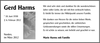 Traueranzeige von Gerd Harms von Ostfriesischer Kurier GmbH