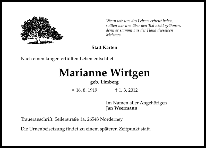  Traueranzeige für Marianne Wirtgen vom 10.03.2012 aus Ostfriesischer Kurier GmbH