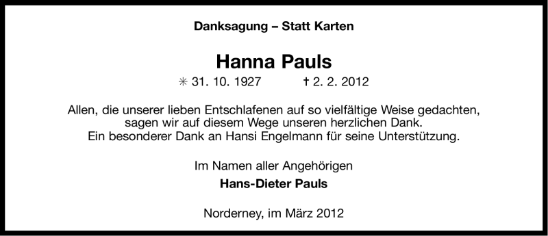  Traueranzeige für Hanna Pauls vom 17.03.2012 aus Ostfriesischer Kurier GmbH