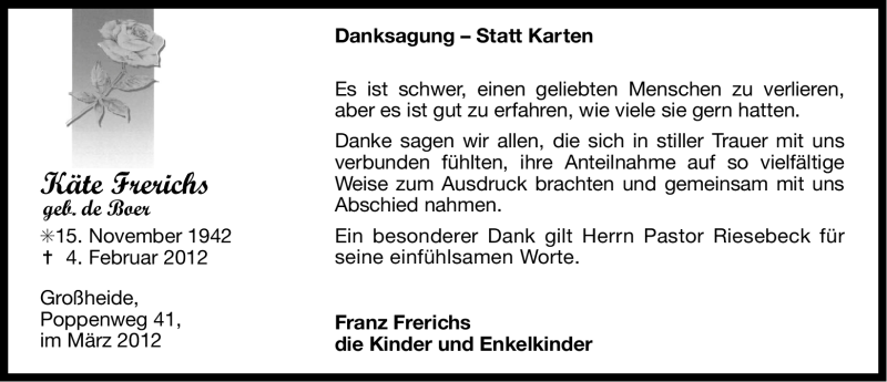  Traueranzeige für KÃ¤te Frerichs vom 17.03.2012 aus Ostfriesischer Kurier GmbH