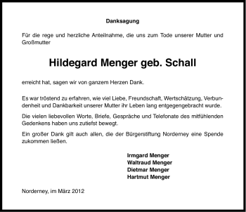 Traueranzeige von Hildegard Menger von Ostfriesischer Kurier GmbH