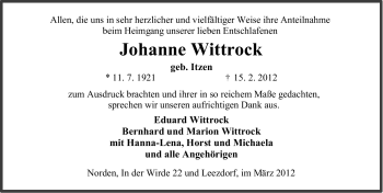 Traueranzeige von Johanne Wittrock von Ostfriesischer Kurier GmbH