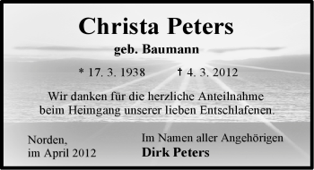 Traueranzeige von Christa Peters von Ostfriesischer Kurier GmbH
