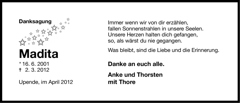  Traueranzeige für Madita (keine Angabe) vom 07.04.2012 aus Ostfriesischer Kurier GmbH