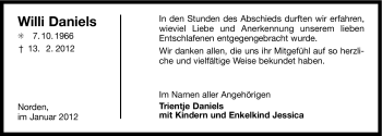 Traueranzeige von Willi Daniels von Ostfriesischer Kurier GmbH