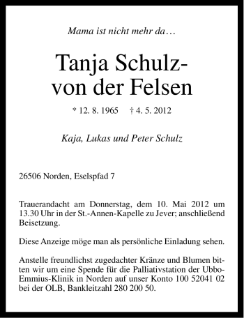 Traueranzeige von Tanja Schulz-von der Felsen von Ostfriesischer Kurier / Norderneyer Badezeitung