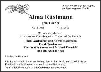 Traueranzeige von Alma Rüstmann von Ostfriesischer Kurier GmbH