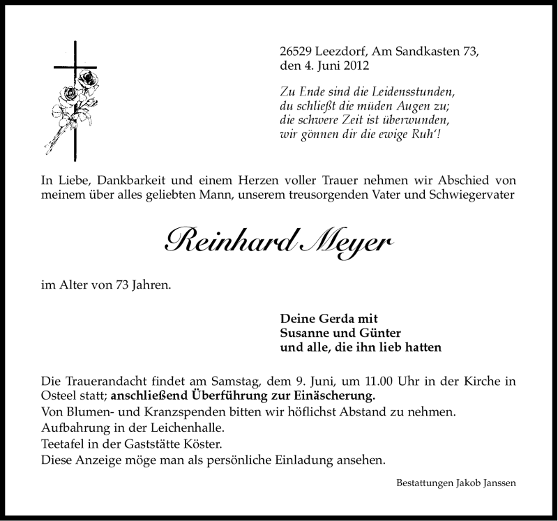  Traueranzeige für Reinhard Meyer vom 05.06.2012 aus Ostfriesischer Kurier GmbH