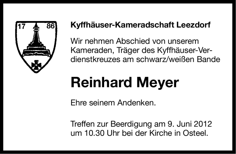  Traueranzeige für Reinhard Meyer vom 06.06.2012 aus Ostfriesischer Kurier GmbH