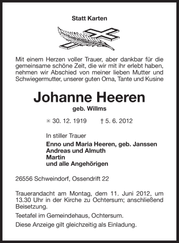 Traueranzeige von Johanne Heeren von Ostfriesischer Kurier GmbH