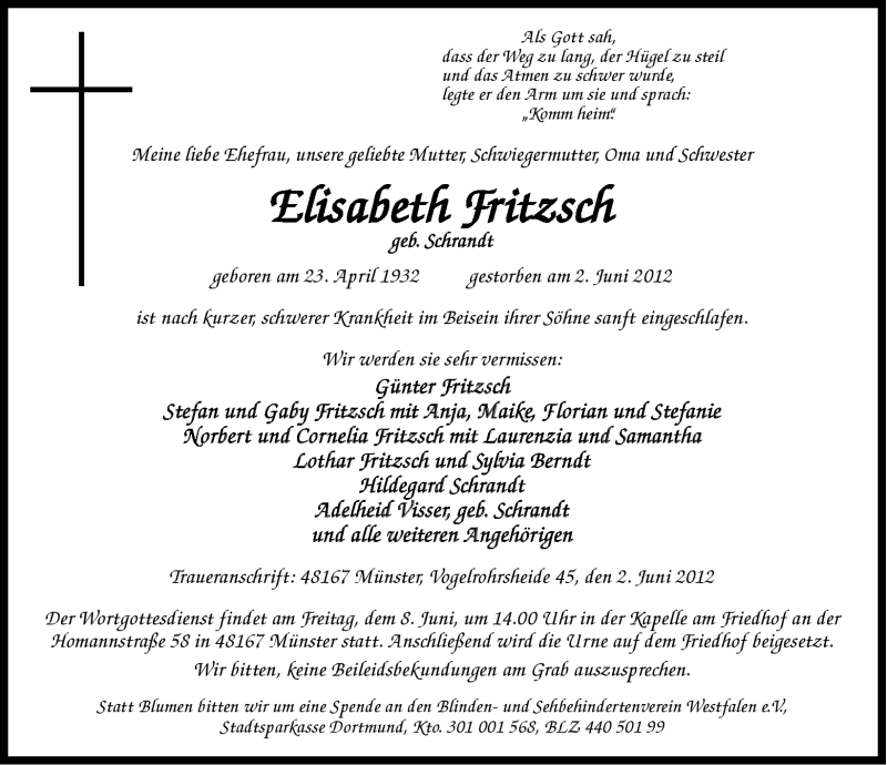  Traueranzeige für Elisabeth Fritzsch vom 08.06.2012 aus Ostfriesischer Kurier GmbH