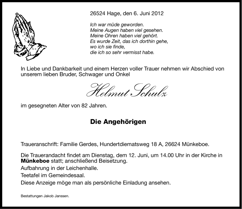  Traueranzeige für Helmut Schulz vom 08.06.2012 aus Ostfriesischer Kurier GmbH