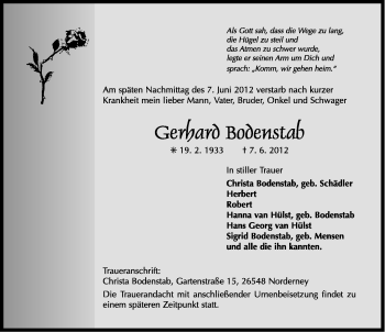 Traueranzeige von Gerhard Bodenstab von Ostfriesischer Kurier GmbH