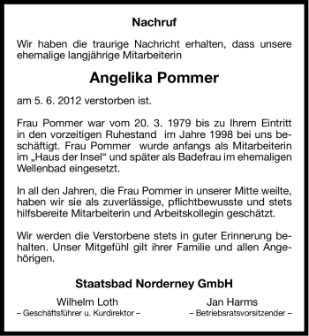 Traueranzeige von Angelika Pommer von Ostfriesischer Kurier GmbH