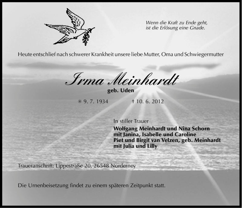  Traueranzeige für Irma Meinhardt vom 12.06.2012 aus Ostfriesischer Kurier GmbH