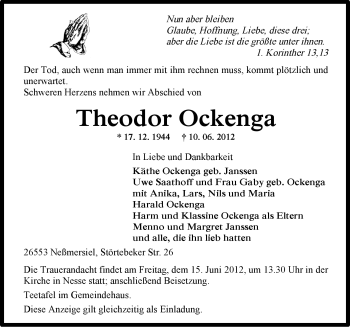Traueranzeige von Theodor Ockenga von Ostfriesischer Kurier GmbH