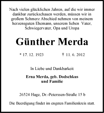 Traueranzeige von GÃ¼nther Merda von Ostfriesischer Kurier GmbH