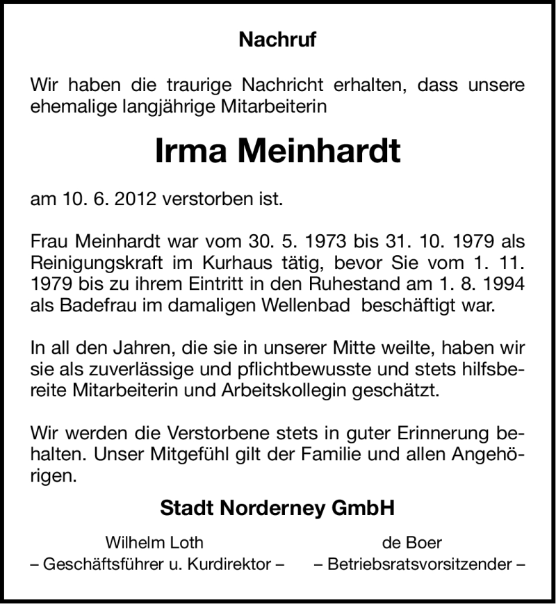  Traueranzeige für Irma Meinhardt vom 14.06.2012 aus Ostfriesischer Kurier GmbH