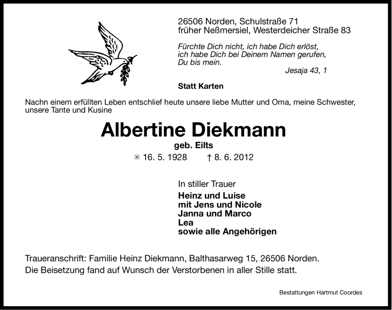  Traueranzeige für Albertine Diekmann vom 15.06.2012 aus Ostfriesischer Kurier GmbH