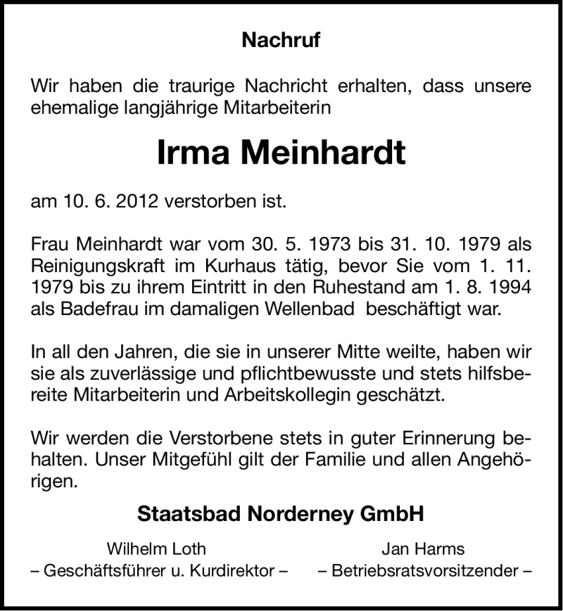  Traueranzeige für Irma Meinhardt vom 15.06.2012 aus Ostfriesischer Kurier GmbH
