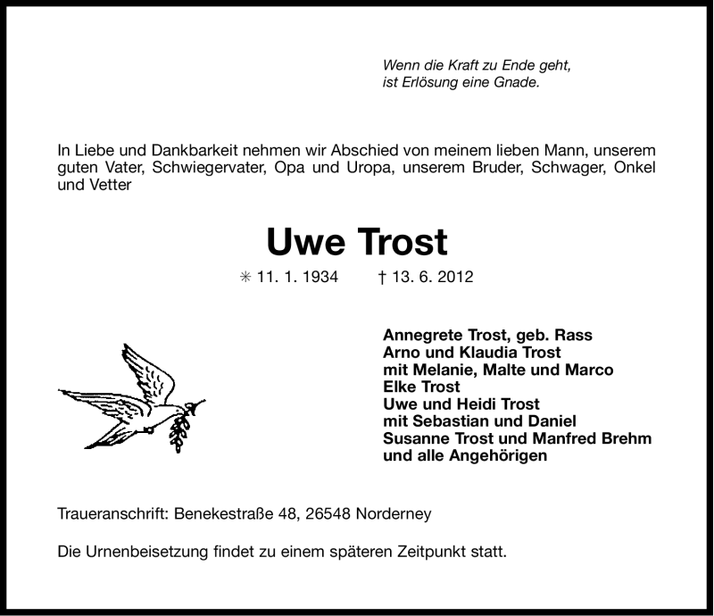  Traueranzeige für Uwe Trost vom 16.06.2012 aus Ostfriesischer Kurier GmbH