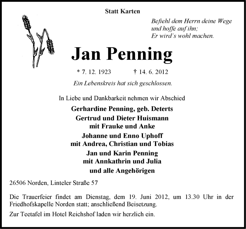  Traueranzeige für Jan Penning vom 16.06.2012 aus Ostfriesischer Kurier GmbH