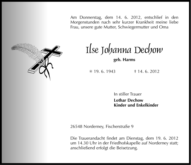  Traueranzeige für Ilse Johanna Dechow vom 19.06.2012 aus Ostfriesischer Kurier GmbH
