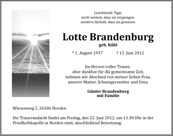 Traueranzeige von Lotte Brandenburg von Ostfriesischer Kurier GmbH