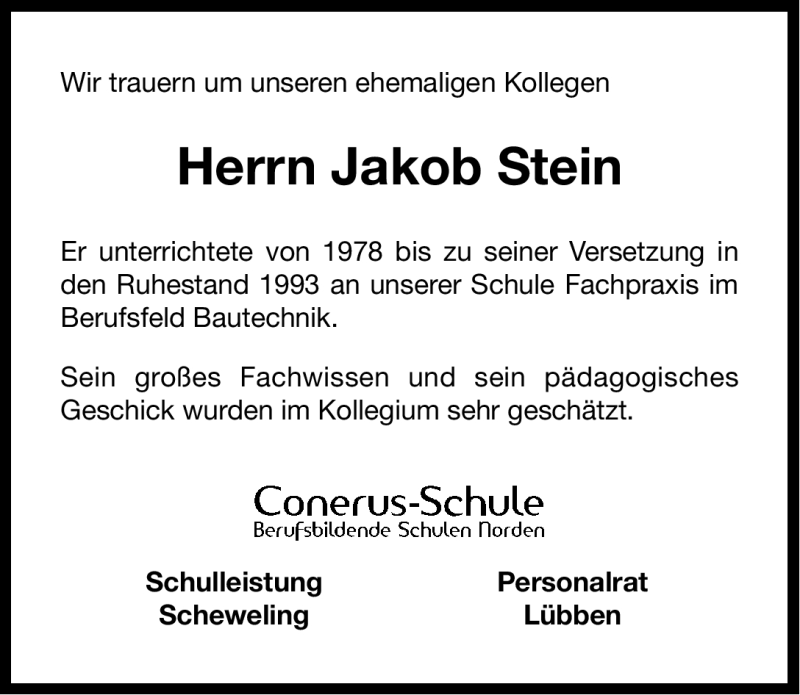  Traueranzeige für Jakob Stein vom 19.06.2012 aus Ostfriesischer Kurier GmbH
