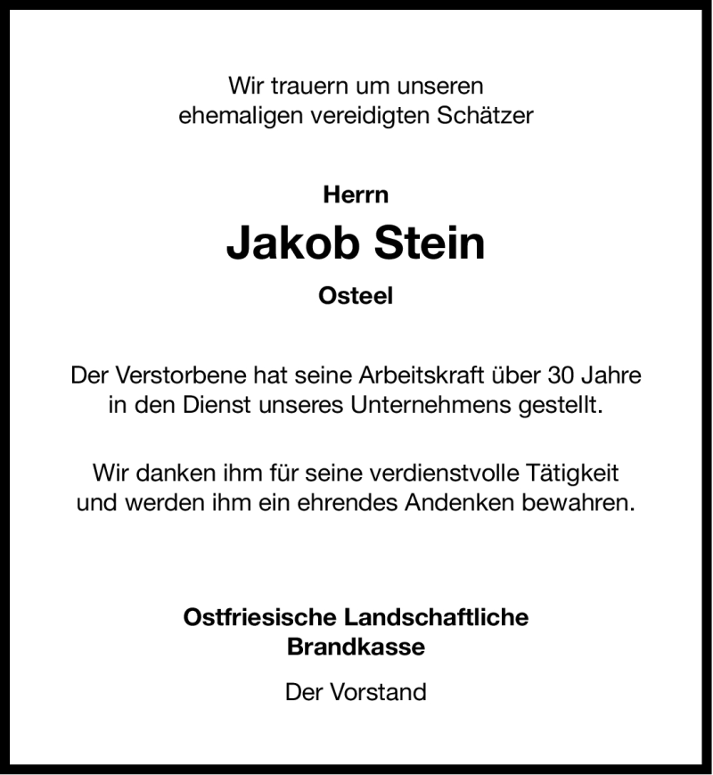  Traueranzeige für Jakob Stein vom 19.06.2012 aus Ostfriesischer Kurier GmbH
