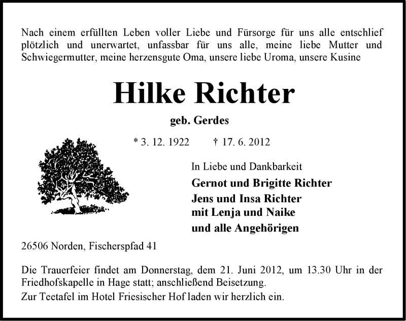  Traueranzeige für Hilke Richter vom 19.06.2012 aus Ostfriesischer Kurier GmbH