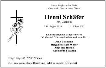 Traueranzeige von Henni SchÃ¤fer von Ostfriesischer Kurier GmbH