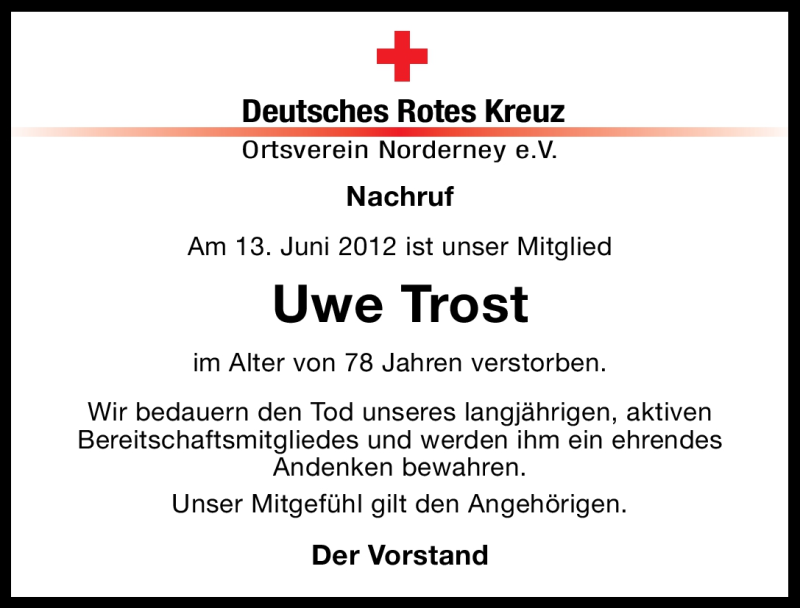  Traueranzeige für Uwe Trost vom 20.06.2012 aus Ostfriesischer Kurier GmbH