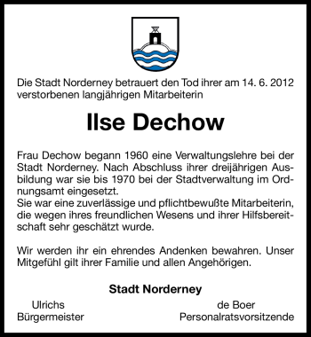 Traueranzeige von Ilse Dechow von Ostfriesischer Kurier GmbH