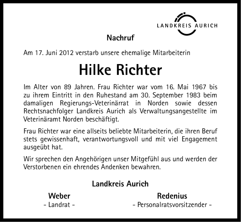  Traueranzeige für Hilke Richter vom 21.06.2012 aus Ostfriesischer Kurier GmbH