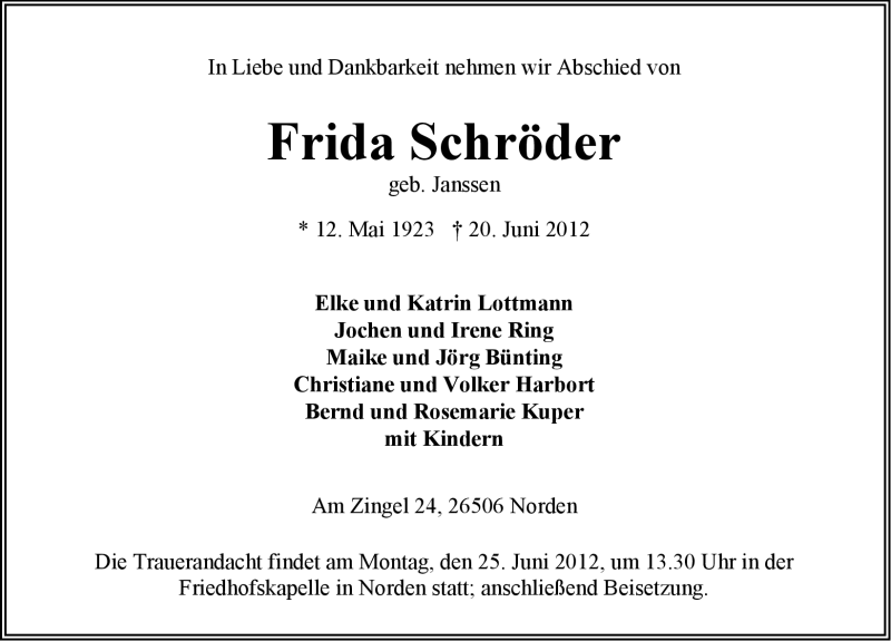  Traueranzeige für Frida Schröder vom 22.06.2012 aus Ostfriesischer Kurier GmbH