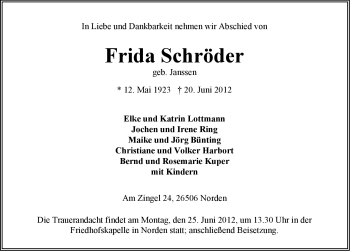 Traueranzeige von Frida Schröder von Ostfriesischer Kurier GmbH