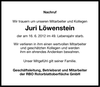 Traueranzeige von Juri Löwenstein von Ostfriesischer Kurier GmbH